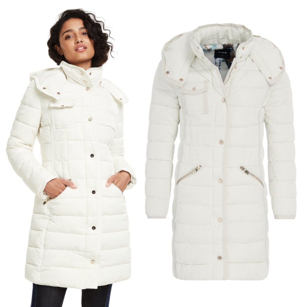 $260 DESIGUAL Size‎ 36 US 2 White Floral Embossed Padded Hooded Long Jacket Coat